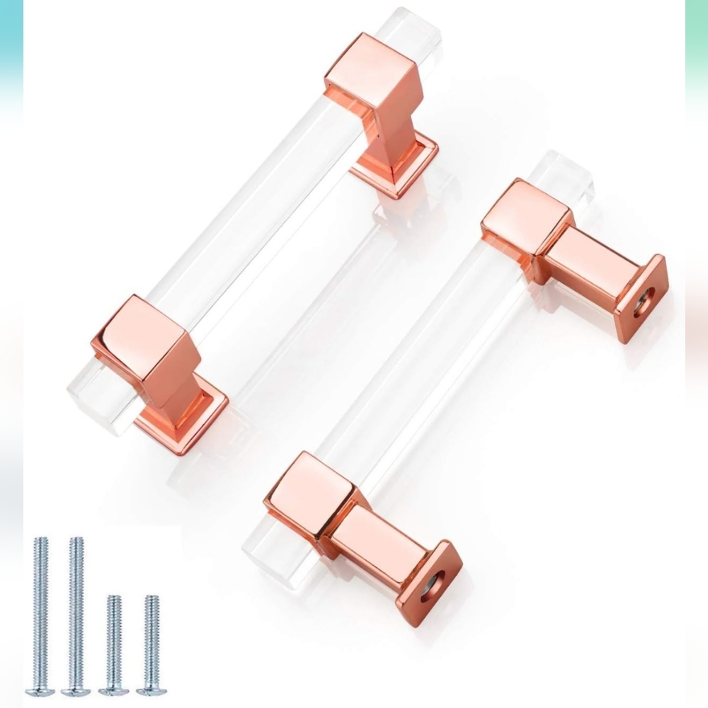 NIZADO 3-3/4 Inch 5 Pack Polished Rose Gold Clear Acrylic Square Cabinet Pulls